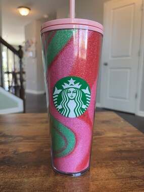 Starbucks Pink and Green Glitter Swirl Cold Cup Tumbler